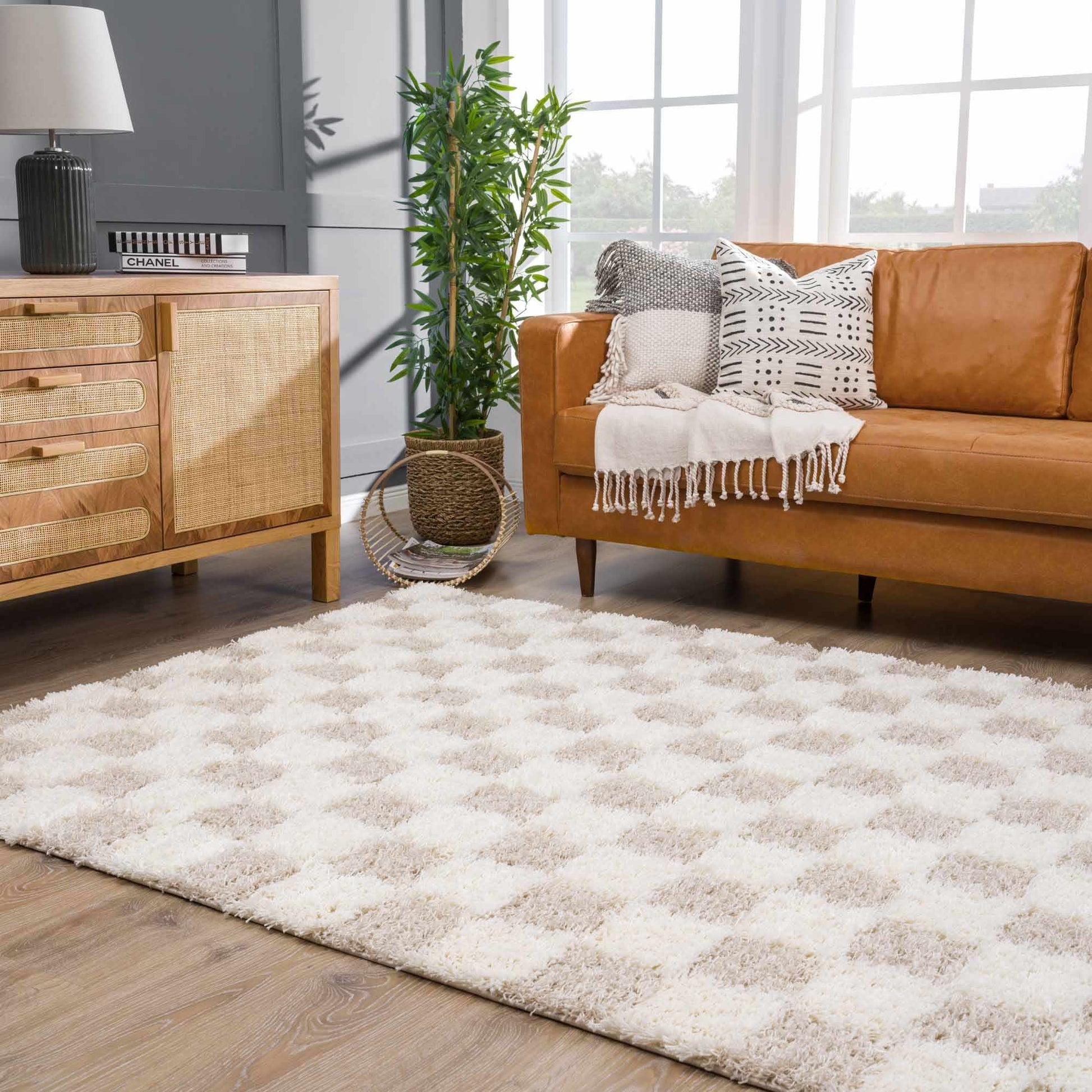 Atira Light Brown Checkered Area Rug - Eva Essentials