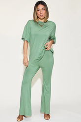 Basic Bae Full Size Bamboo Drop Shoulder T-Shirt and Flare Pants Set - Eva Essentials