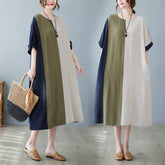 Cotton & Linen Loose Half Sleeve Contrast Paneled Dress - Eva Essentials