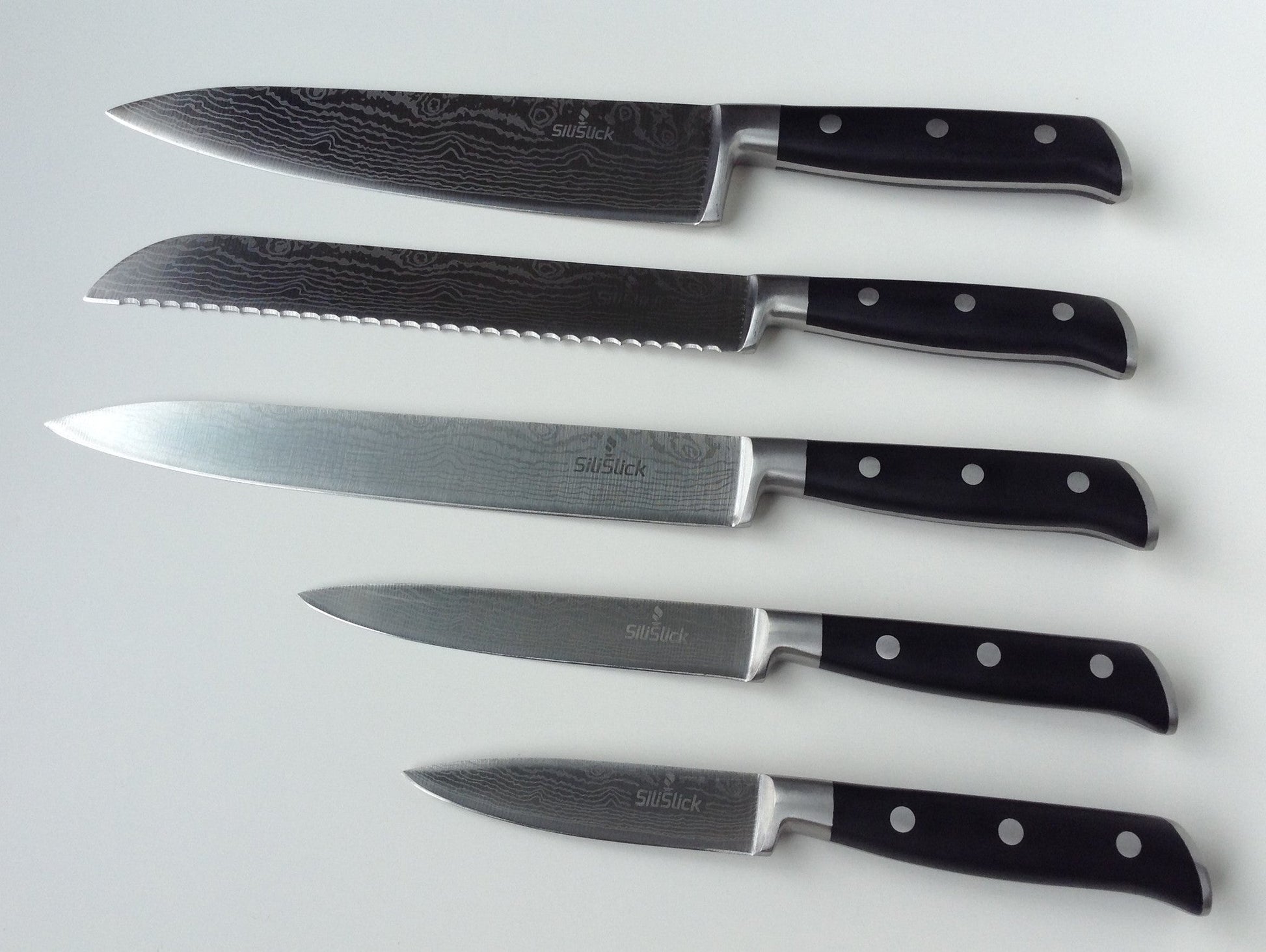 Damascus Laser Etched Full Tang 5 Piece Knife Set - Eva Essentials