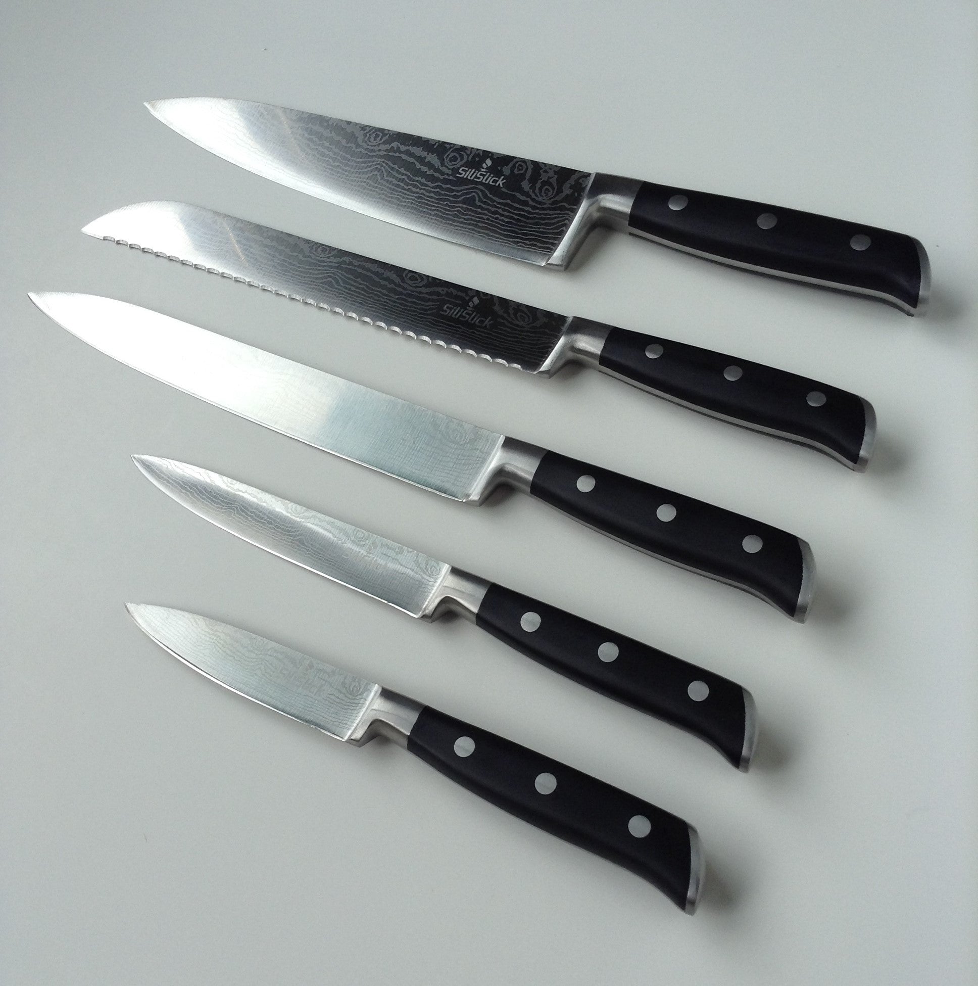 Damascus Laser Etched Full Tang 5 Piece Knife Set - Eva Essentials
