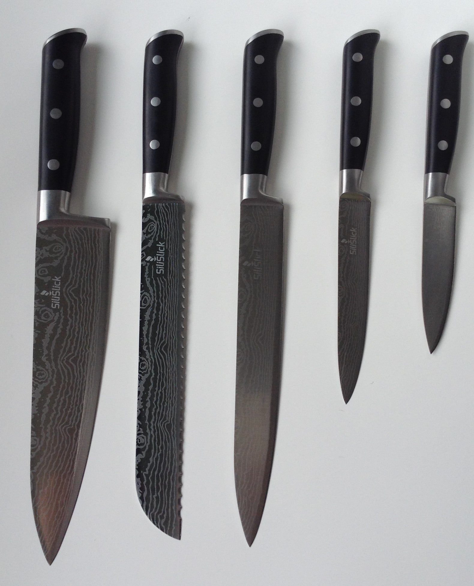 Damascus Laser Etched Full Tang 5 Piece Knife Set - Eva Essentials