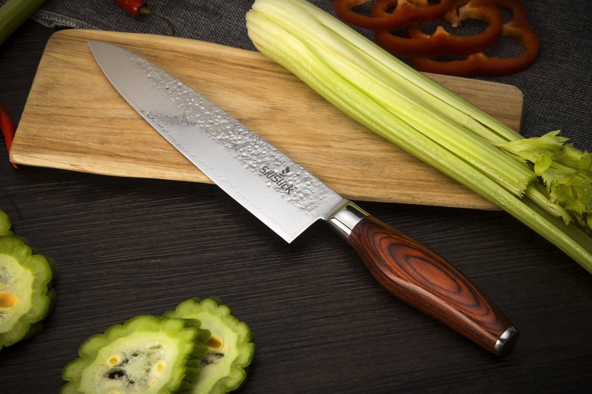 Damascus Stainless Steel Knife - Chef Hammered Design - Eva Essentials