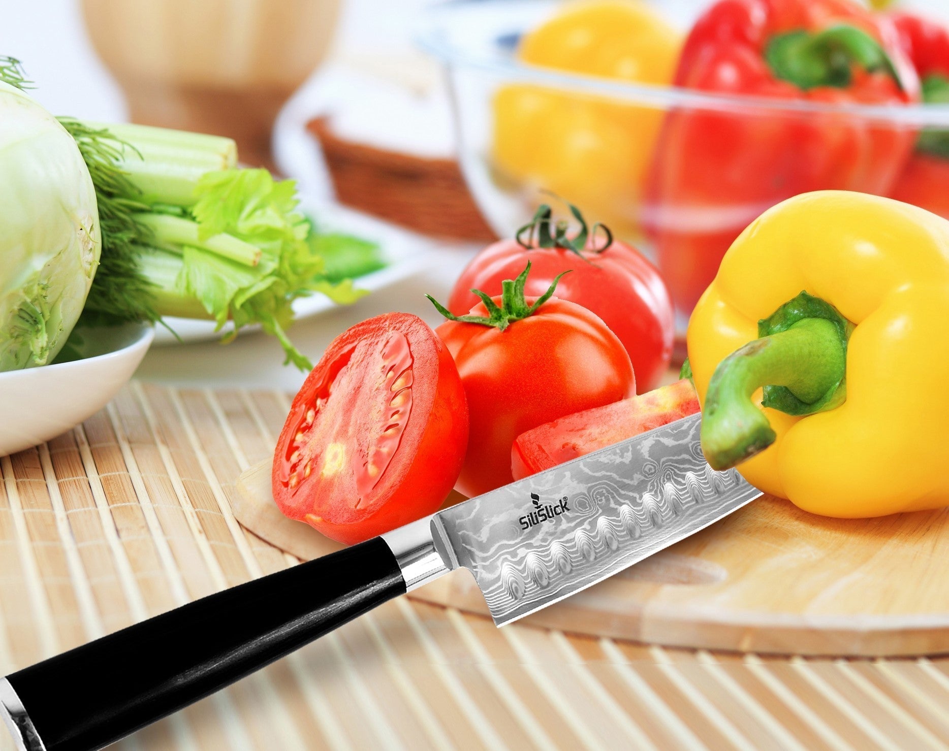 Damascus Stainless Steel Knife - Santoku Wave Design - Eva Essentials