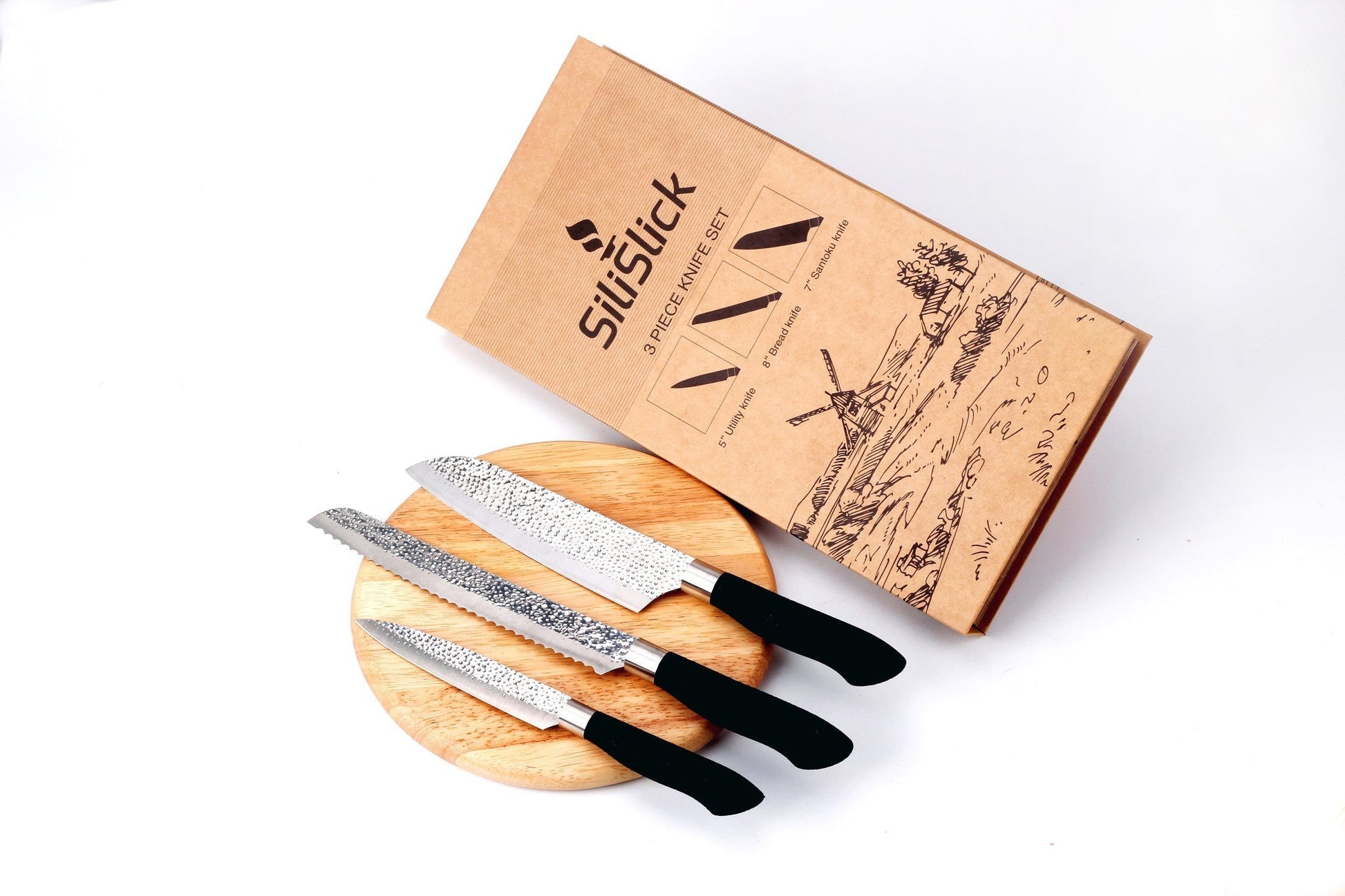 Embossed Hammered Blades 3 Piece Knife Set - Eva Essentials
