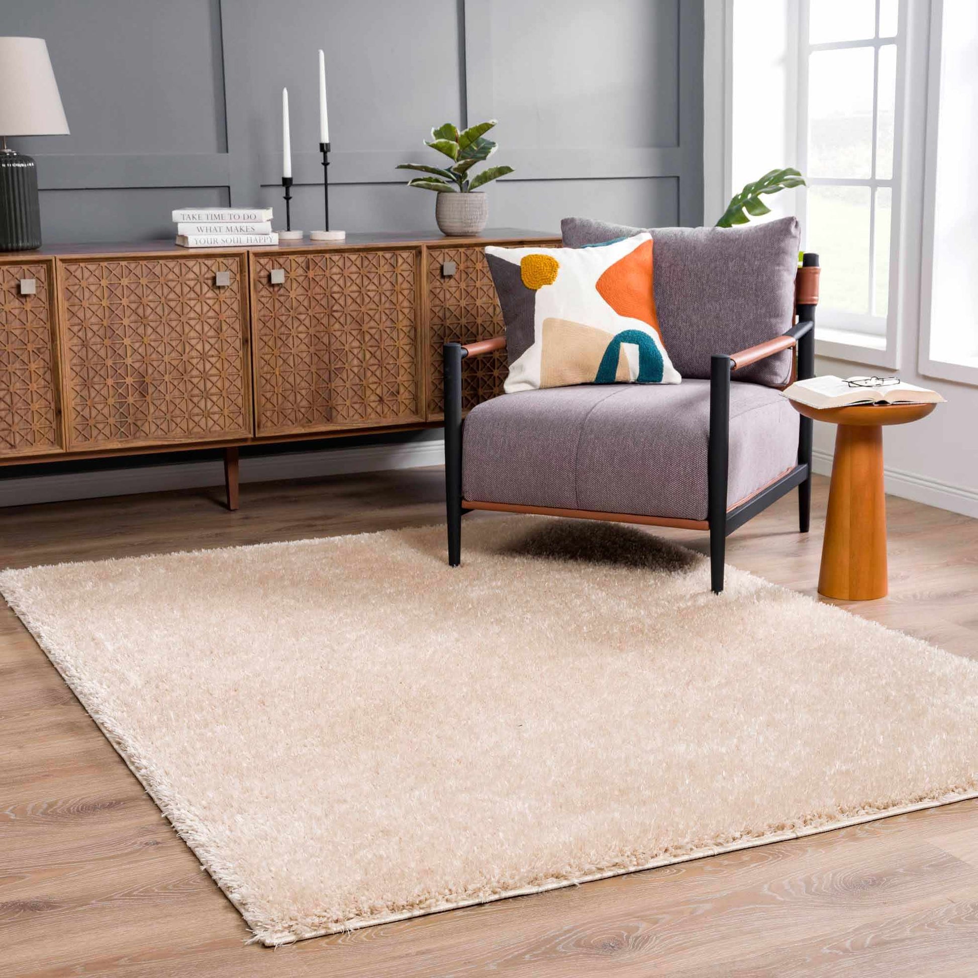 Faina Solid Beige Shag Rug Washable - Eva Essentials