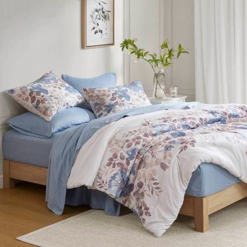 Floral Comforter Set With Bed Sheets Blue Queen - Eva Essentials