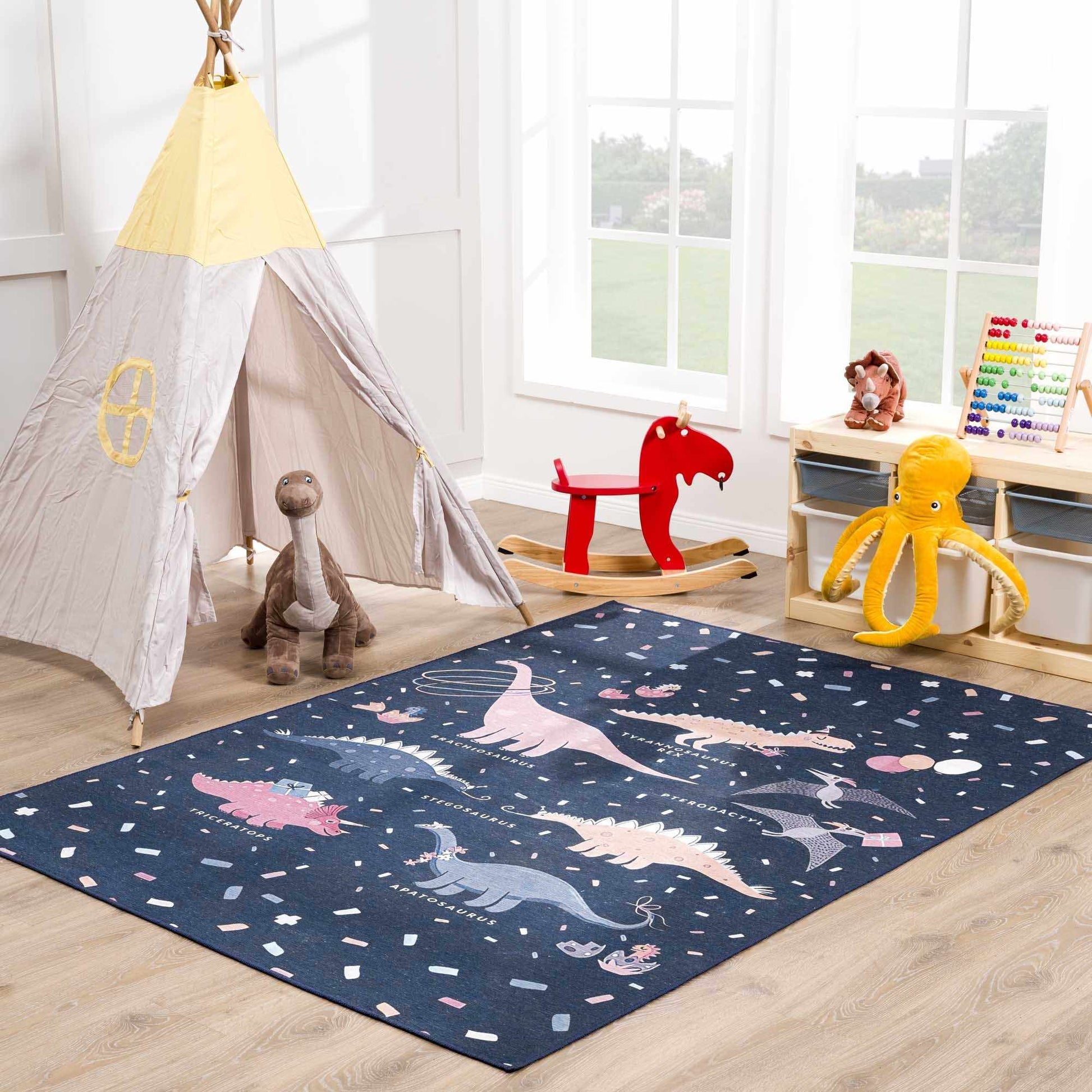Milne Navy Dinosaur Washable Kids Rug - Eva Essentials