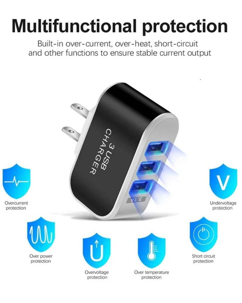 USB Wall Charger Plug Block Cube 3 Port Portable Fast Charger - Eva Essentials