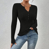 Women's Elegant V - Neck Button Detail Knit Sweater - Eva Essentials