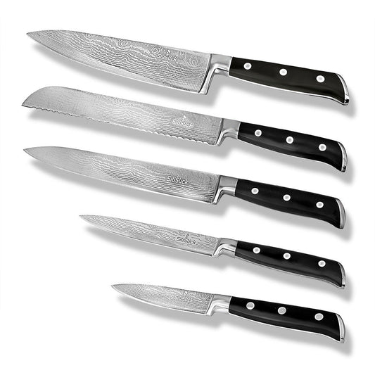 Damascus Laser Etched Full Tang 5 Piece Knife Set - Eva Essentials