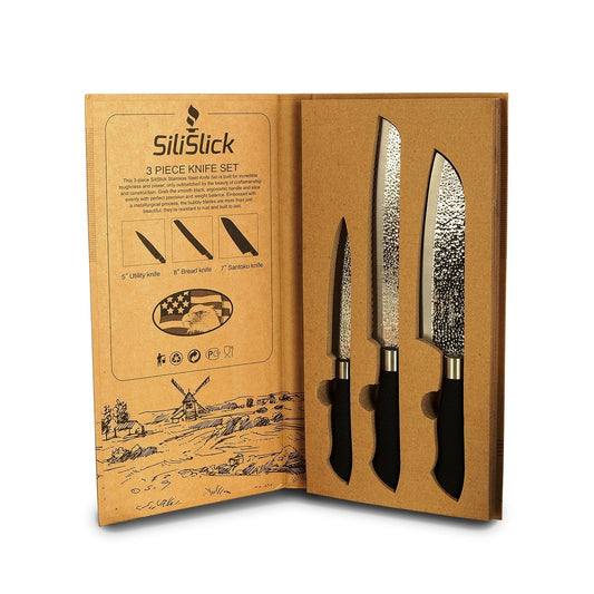 Embossed Hammered Blades 3 Piece Knife Set - Eva Essentials