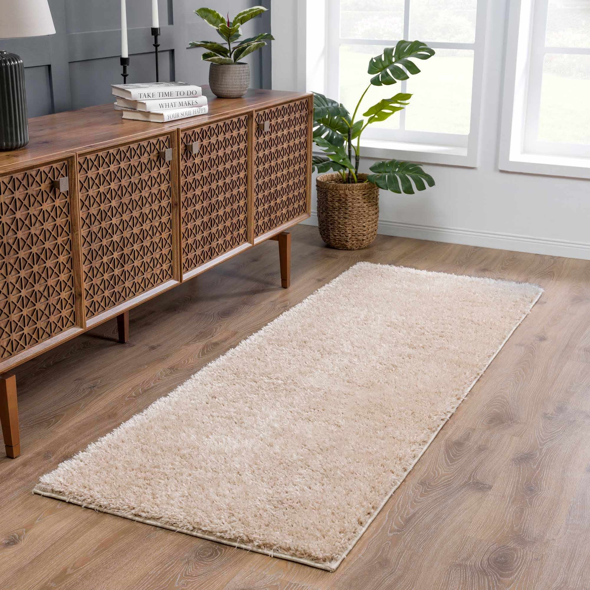 Faina Solid Beige Shag Rug Washable - Eva Essentials