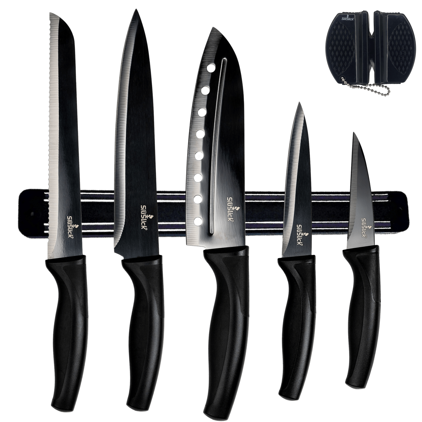 Kitchen Knife Set Kit | Black Handle, Black Blade & Black Magnetic Rack - Eva Essentials