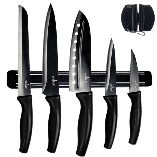 Kitchen Knife Set Kit | Black Handle, Black Blade & Black Magnetic Rack - Eva Essentials