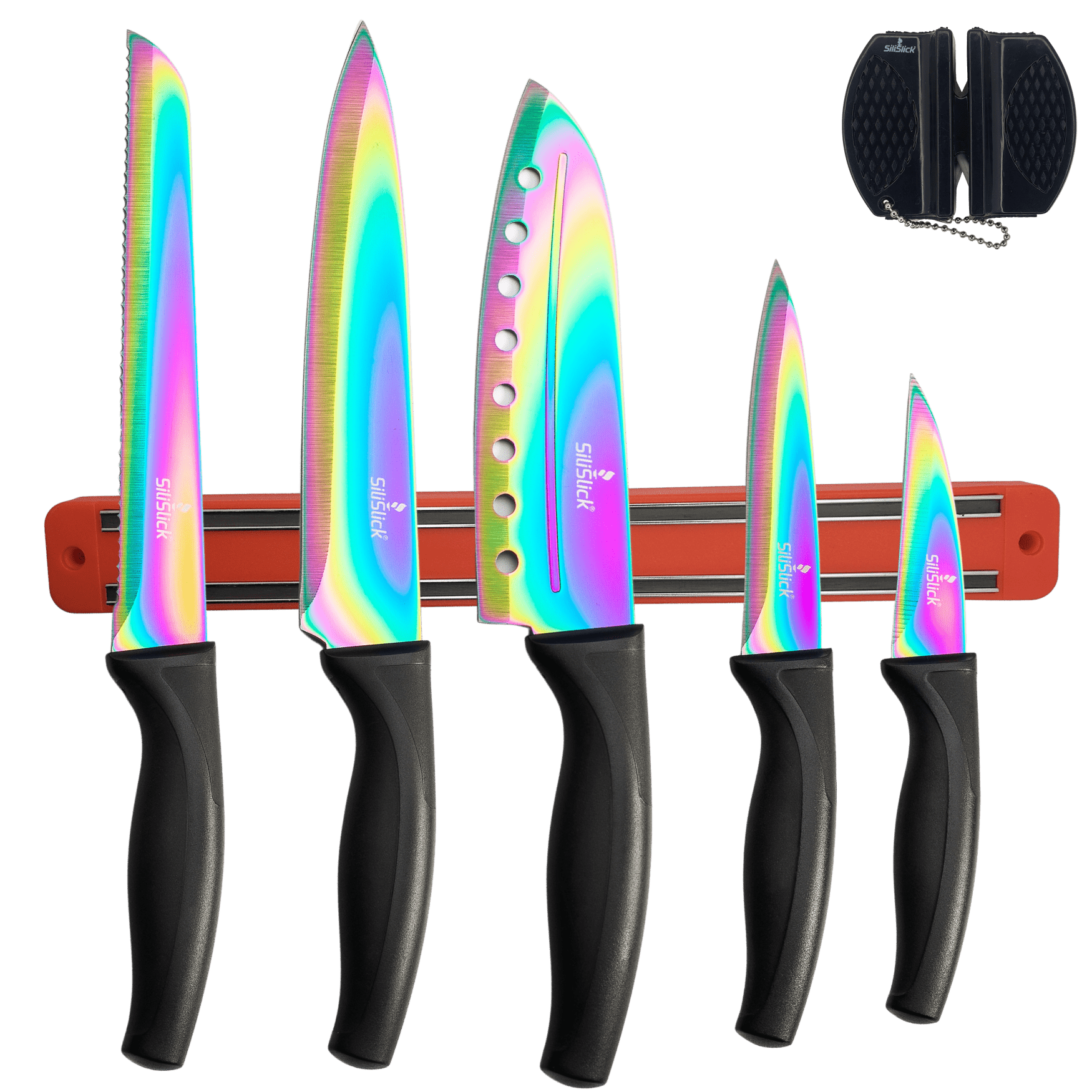 Kitchen Knife Set Kit | Black Handle & Red Magnetic Rack - Eva Essentials