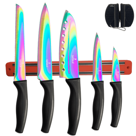 Kitchen Knife Set Kit | Black Handle & Red Magnetic Rack - Eva Essentials
