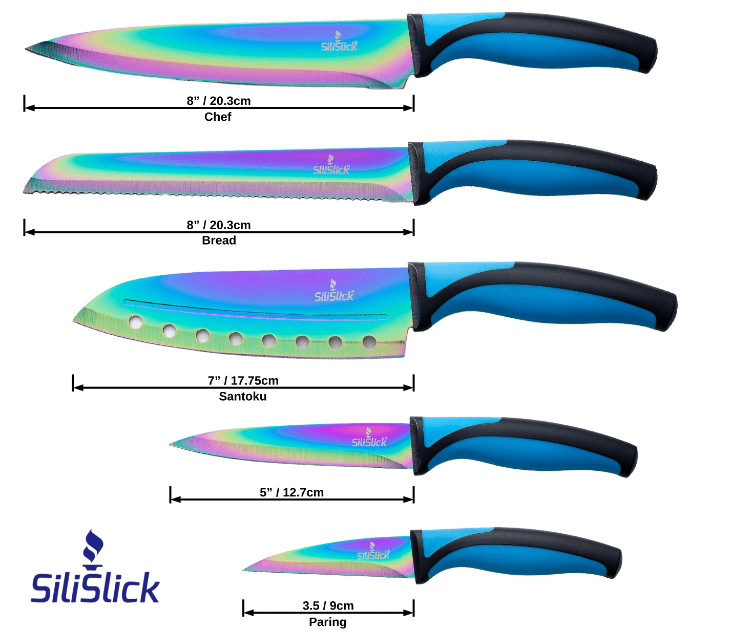 Kitchen Knife Set Kit | Blue Handle & Black Magnetic Rack - Eva Essentials