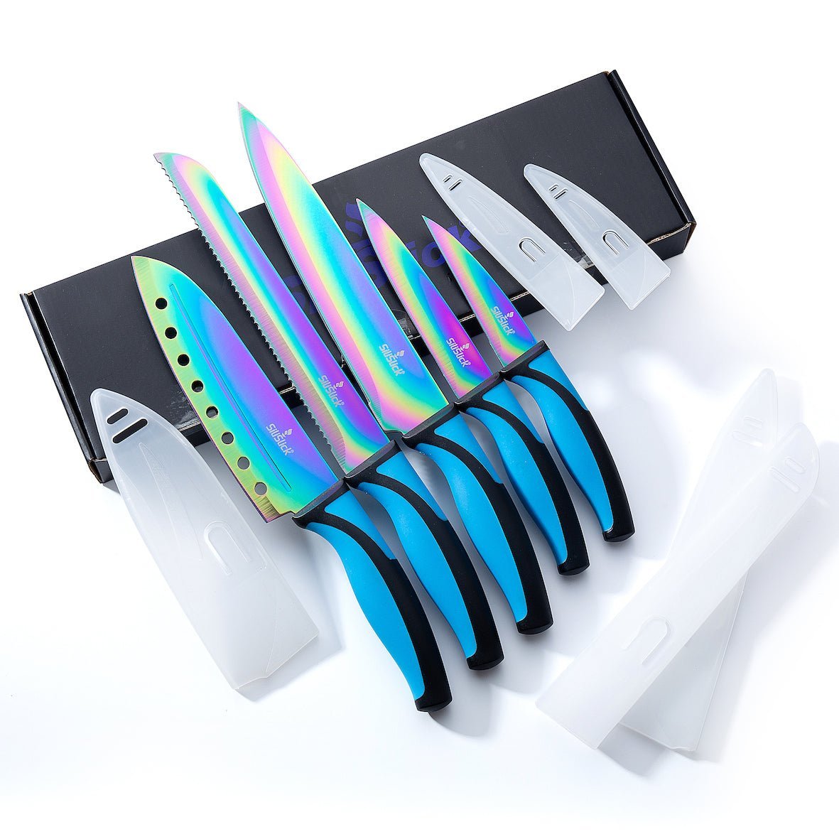 Kitchen Knife Set Kit | Blue Handle & Black Magnetic Rack - Eva Essentials