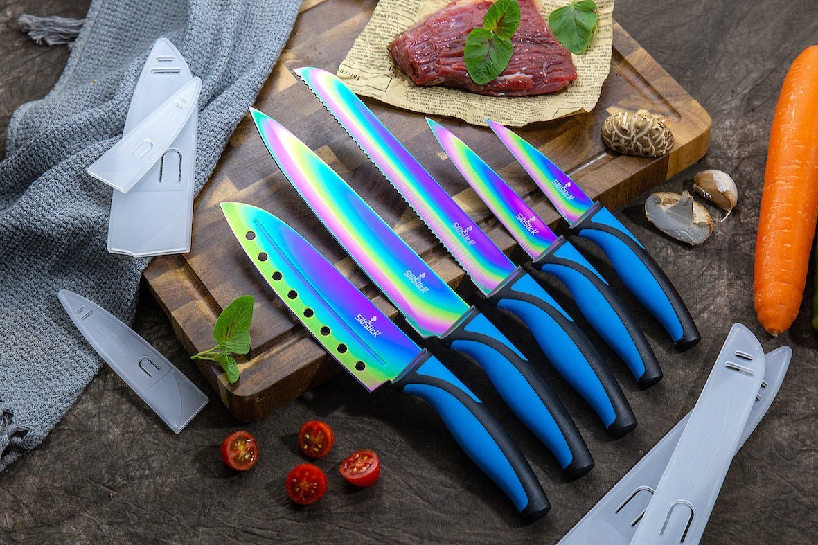 Kitchen Knife Set Kit | Blue Handle & Black Magnetic Rack - Eva Essentials
