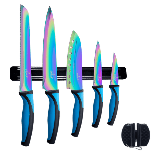 Kitchen Knife Set Kit | Blue Handle & Black Magnetic Rack - Eva Essentials