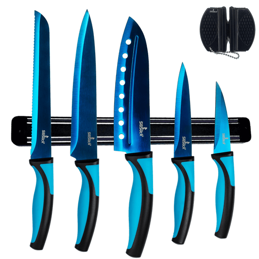 Kitchen Knife Set Kit | Blue Handle, Blue Blade & Black Magnetic Rack - Eva Essentials