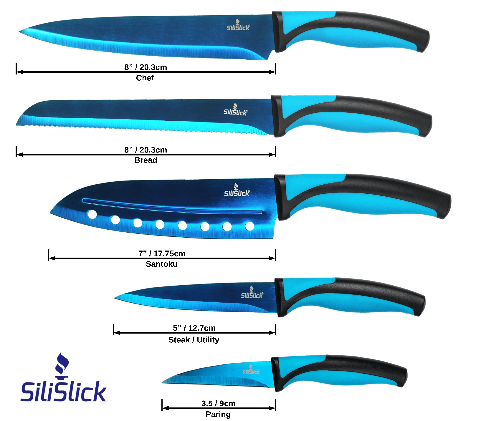 Kitchen Knife Set Kit | Blue Handle, Blue Blade & Black Magnetic Rack - Eva Essentials