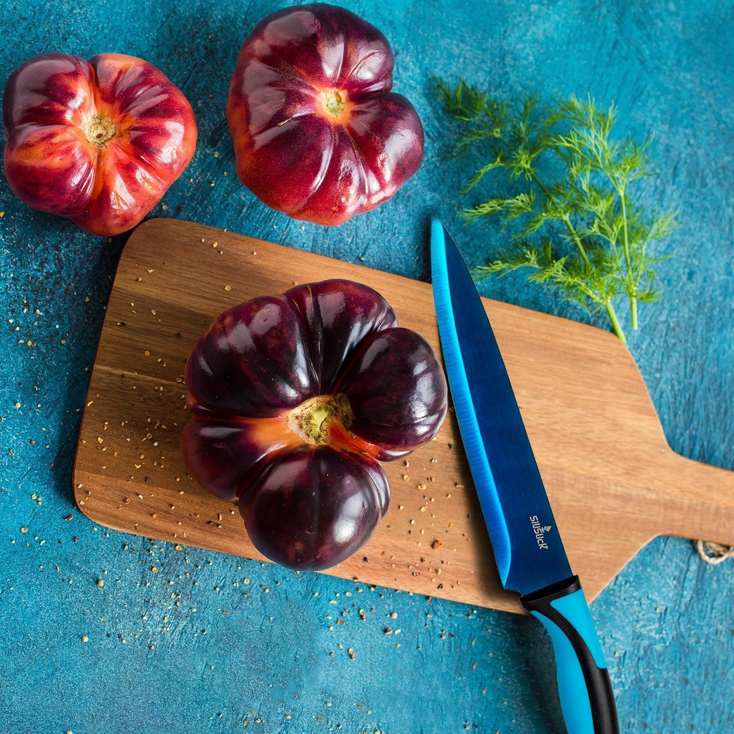 Kitchen Knife Set Kit | Blue Handle, Blue Blade & Red Magnetic Rack - Eva Essentials