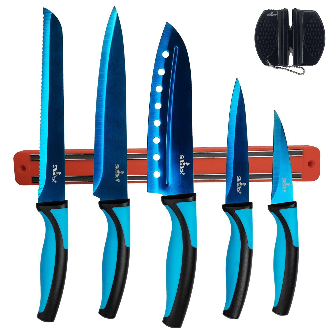 Kitchen Knife Set Kit | Blue Handle, Blue Blade & Red Magnetic Rack - Eva Essentials