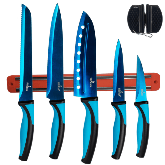 Kitchen Knife Set Kit | Blue Handle, Blue Blade & Red Magnetic Rack - Eva Essentials