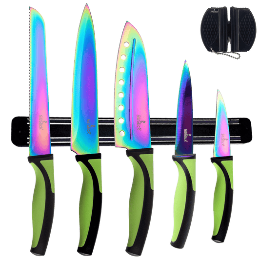 Kitchen Knife Set Kit | Green Handle & Black Magnetic Rack - Eva Essentials