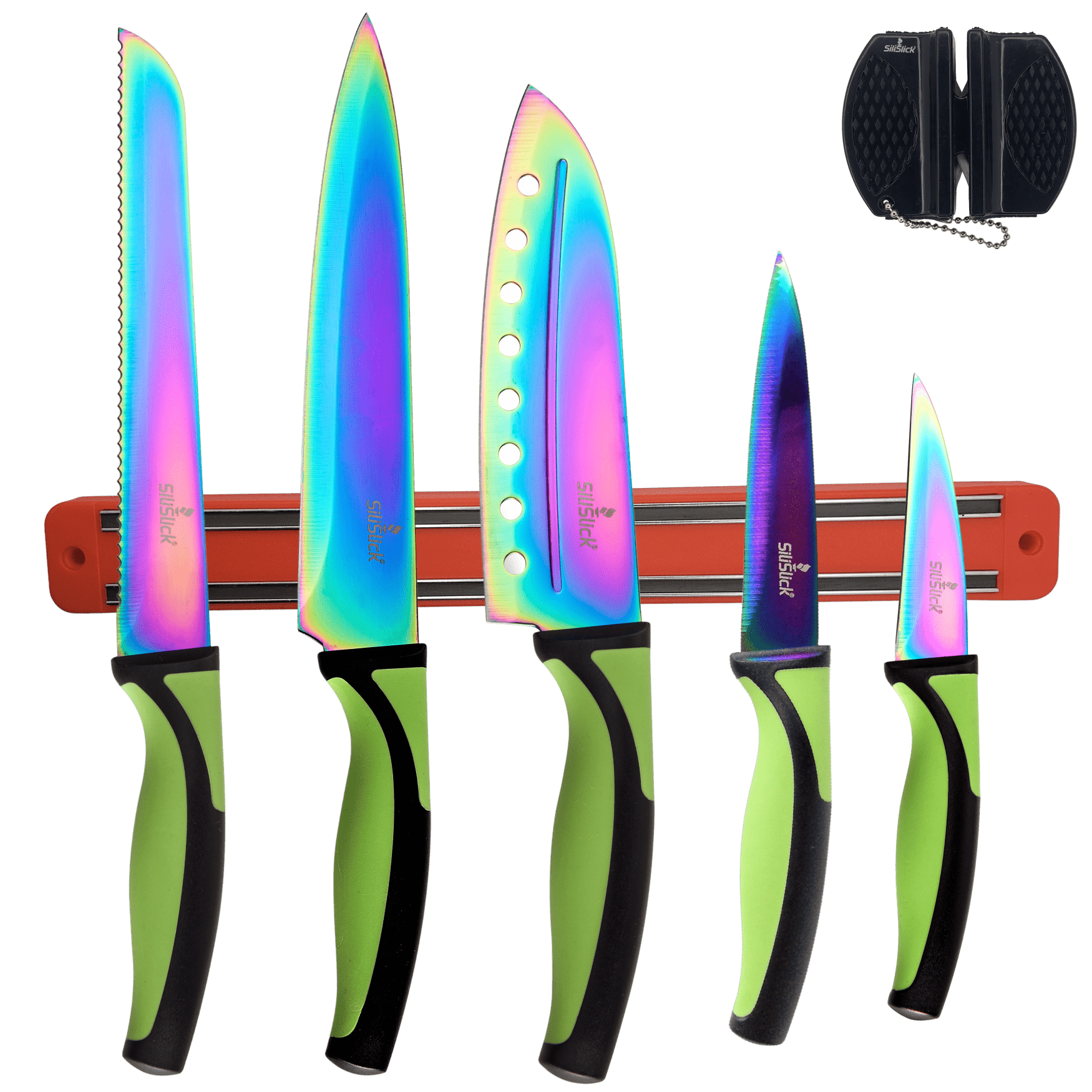 Kitchen Knife Set Kit | Green Handle & Red Magnetic Rack - Eva Essentials