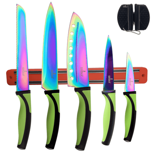 Kitchen Knife Set Kit | Green Handle & Red Magnetic Rack - Eva Essentials