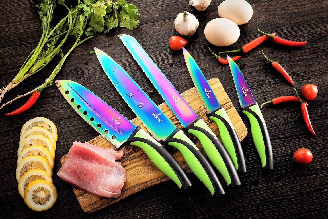 Kitchen Knife Set Kit | Green Handle & Red Magnetic Rack - Eva Essentials