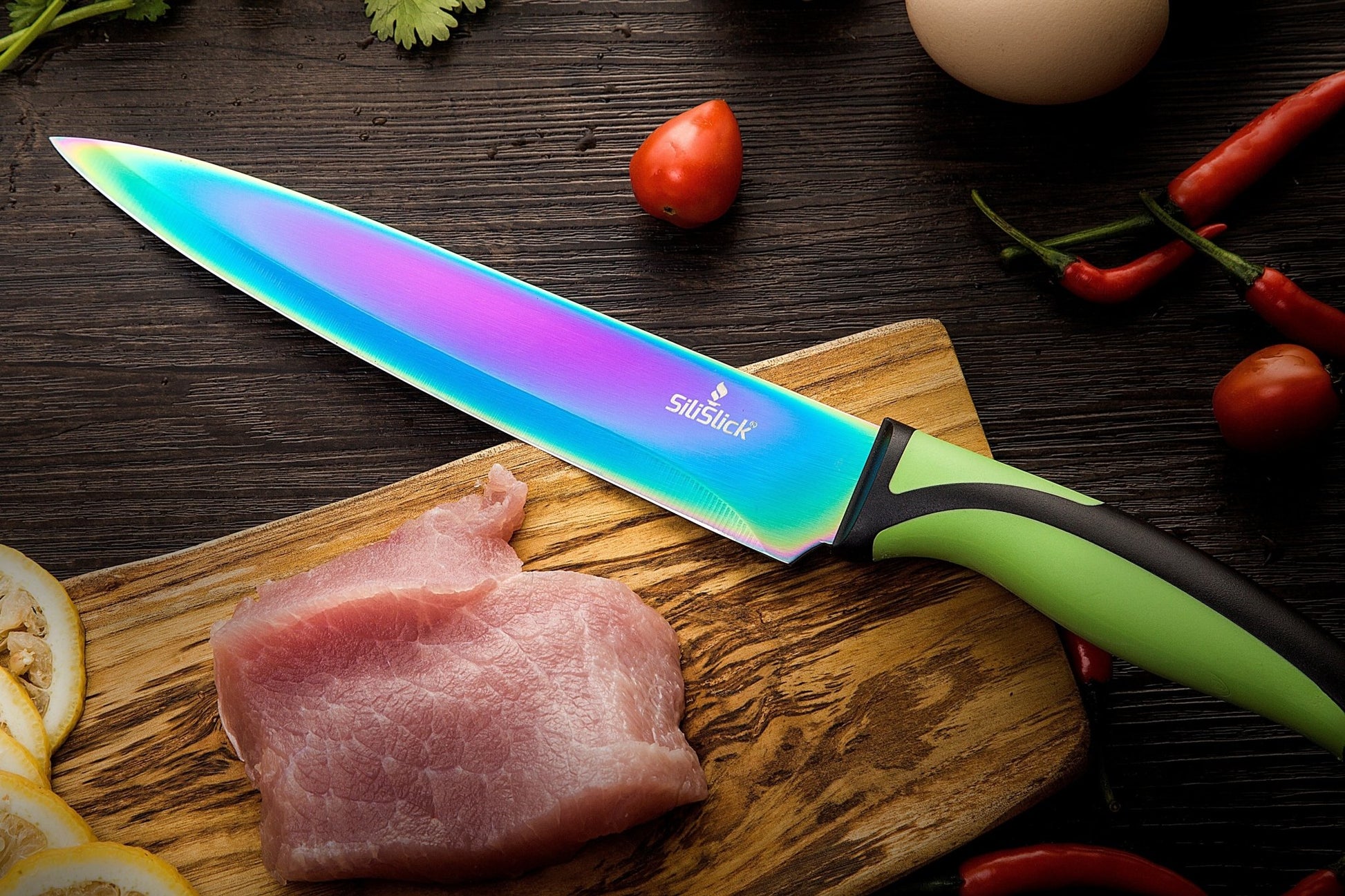 Kitchen Knife Set Kit | Green Handle & Red Magnetic Rack - Eva Essentials