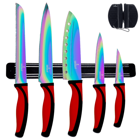 Kitchen Knife Set Kit | Red Handle & Black Magnetic Rack - Eva Essentials