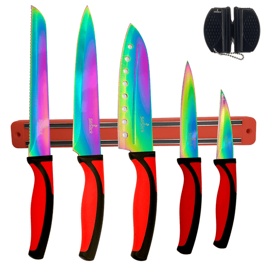 Kitchen Knife Set Kit | Red Handle & Red Magnetic Rack - Eva Essentials