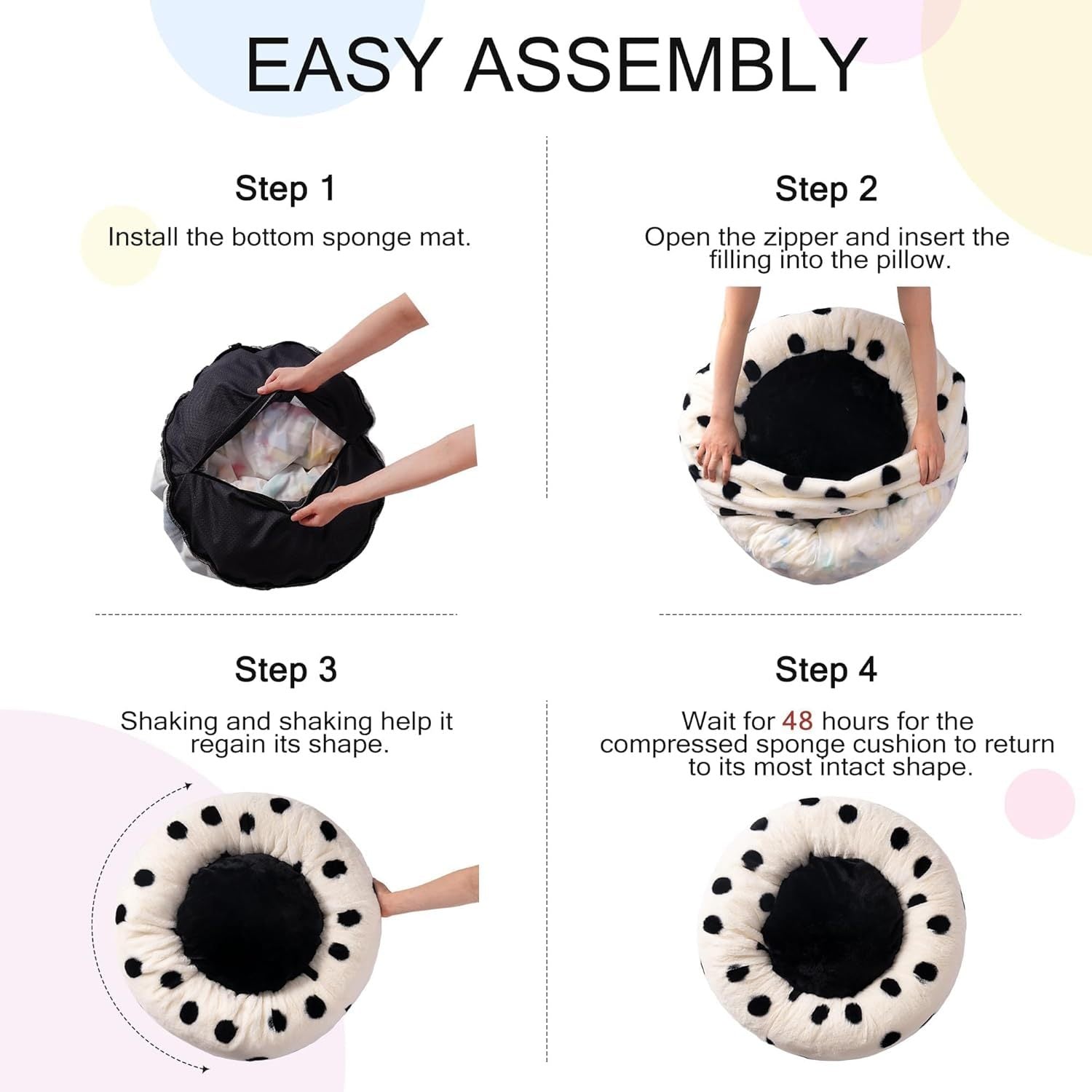 MEWOOFUN Donut Cat Bed For Indoor Cats - 23 Inch Round Washable Pet Bed With Non - Slip Bottom, Plush Fluffy Small Dog Bed For Puppies & Kittens, Black Dot - Eva Essentials