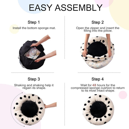 MEWOOFUN Donut Cat Bed For Indoor Cats - 23 Inch Round Washable Pet Bed With Non - Slip Bottom, Plush Fluffy Small Dog Bed For Puppies & Kittens, Black Dot - Eva Essentials