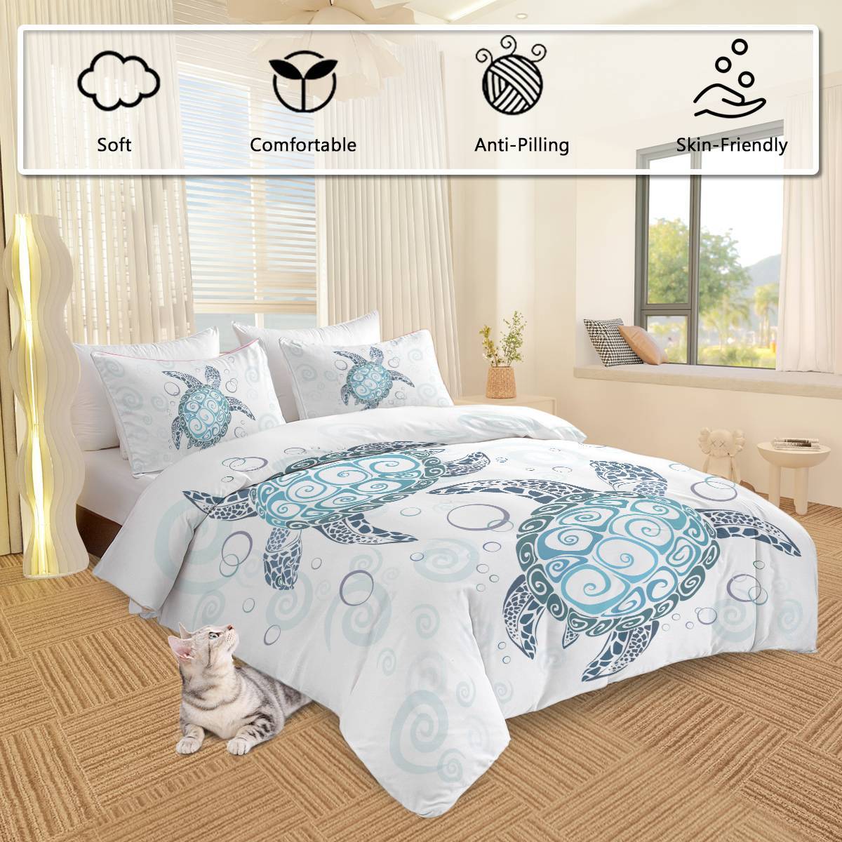 Turtle Bed Sets Ocean 3 Piece Turtle Themed Comforter Cover With 2 Pillowcases - Eva Essentials