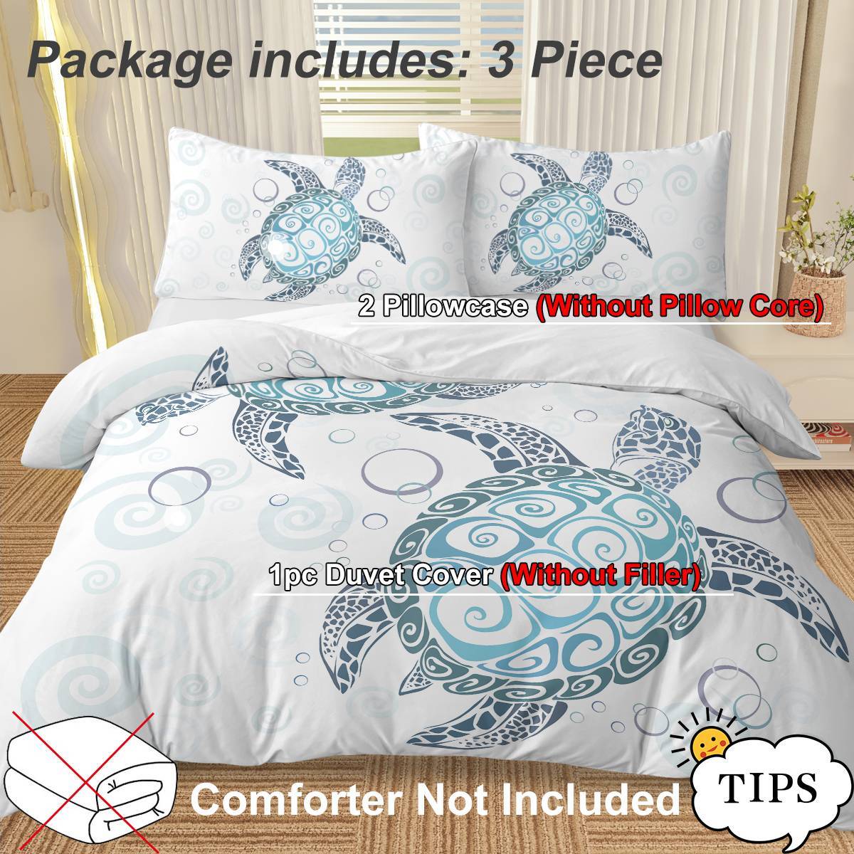 Turtle Bed Sets Ocean 3 Piece Turtle Themed Comforter Cover With 2 Pillowcases - Eva Essentials