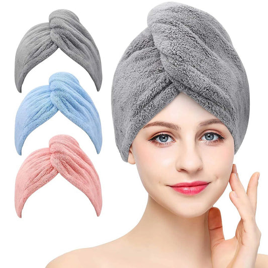 Women 3 PC Microfiber Hair Towel Wrap Ultra Absorbent Hair Turbans For Curly, Long & Thick Hair Blue,Grey,Pink - Eva Essentials
