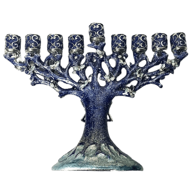 Blue Enameled Channukah Menorah with Magen David Star 6" x 5" - Eva Essentials