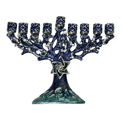 Blue Enameled Channukah Menorah with Magen David Star 6" x 5" - Eva Essentials