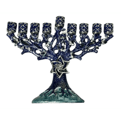 Blue Enameled Channukah Menorah with Magen David Star 6" x 5" - Eva Essentials