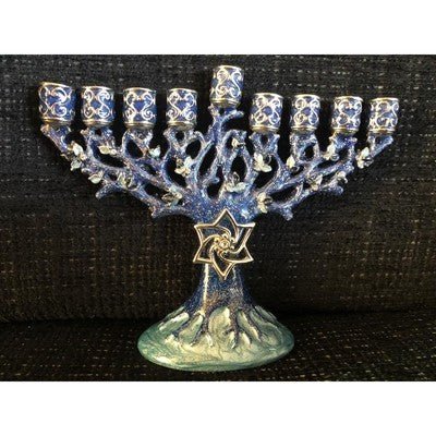 Blue Enameled Channukah Menorah with Magen David Star 6" x 5" - Eva Essentials