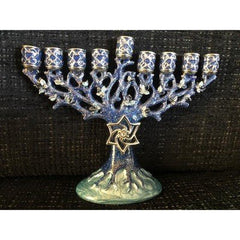 Blue Enameled Channukah Menorah with Magen David Star 6" x 5" - Eva Essentials