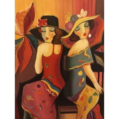 Canvas Oil Painting Chagall Inspired - 2 Ladies w Hats Back to Back 24"x 36" - Eva Essentials