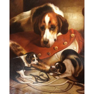 Canvas Oil Painting Dog with Puppies and Red Jacket 24"x 20" - Eva Essentials