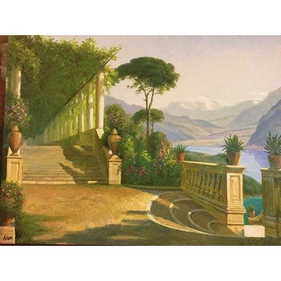 Canvas Oil Painting Mediterranean Mountain Landscape Balcony Steps 36"x 24" - Eva Essentials